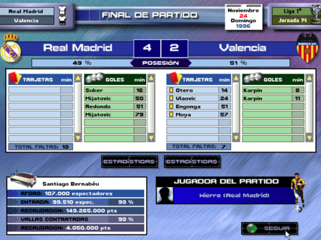 PC Fútbol 5.0 Match perdu 4-2 contre le Real Madrid