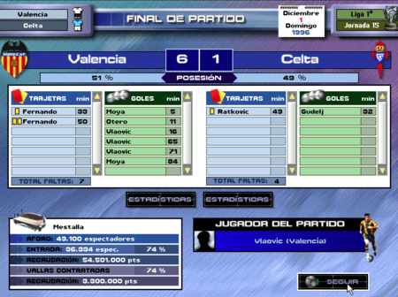 Match de PC Soccer 5.0 contre Celta, gagné 6-1