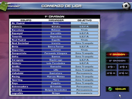PC Soccer 5.0 Objectifs de chaque club cette année-là