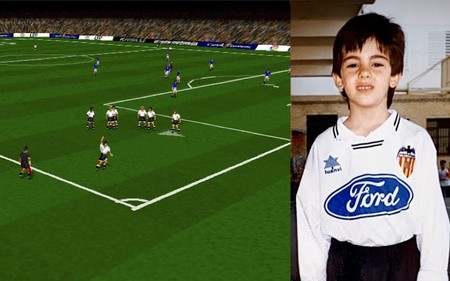 Sur la gauche, Valence en 1996 célébrant un but de Fernando à Tenerife dans le match. À droite, ma photo d'un garçon en uniforme valencien de 1996.