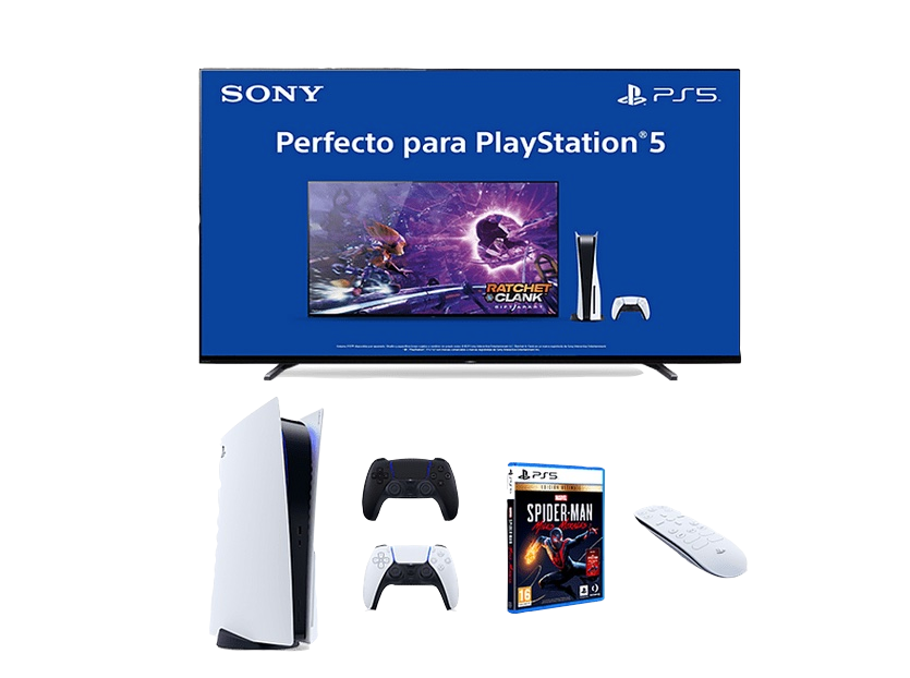 Pack TV OLED 65" - Sony 65A80J + Console PS5 + Manette DualSens + Jeu Spider-Man Miles Morales + Télécommande multimédia