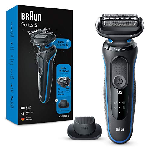 Rasoir électrique Braun Series 5 pour homme, machine à raser la barbe avec tondeuse de précision et technologie Easy Clean (facile à nettoyer), rechargeable, sans fil, 50-B1200 S, bleu