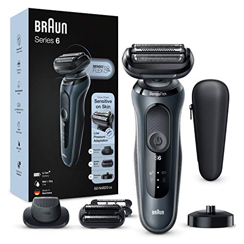 Braun Series 6 Rasoir électrique pour homme, rasoir à barbe, tondeuse de précision, tête SensoFlex, base de charge, étui, rechargeable, étanche et sans fil, 60-N4820 CS, gris