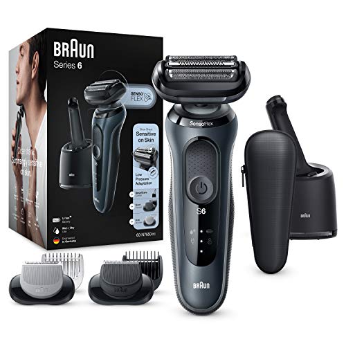 Braun Series 6 Rasoir électrique et épilateur corporel pour homme, rasoir à barbe, tondeuse de précision, tête SensoFlex, base de charge, étanche, sans fil, 60-N7650 CC, gris
