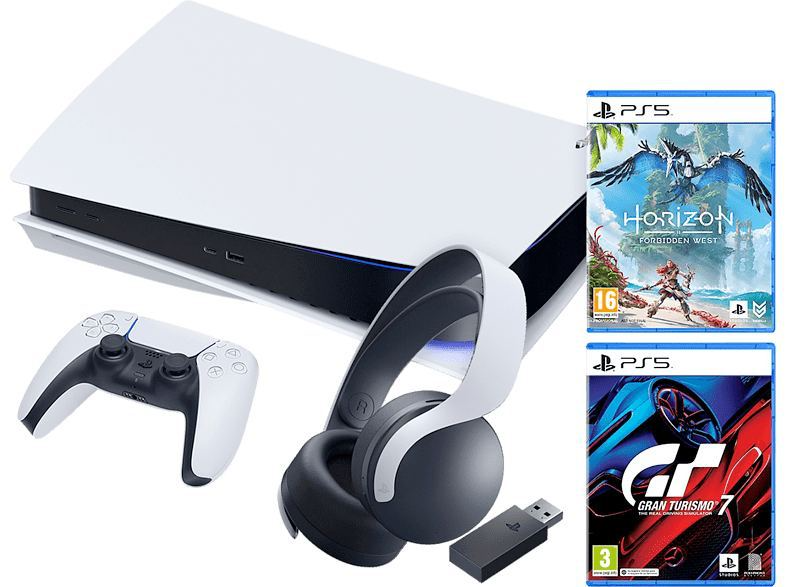 Console - Sony PS5, 825 Go, 4K, HDR, Blanc + Casque gaming Sony Pulse 3D + Horizon Forbidden West + Gran Turismo 7