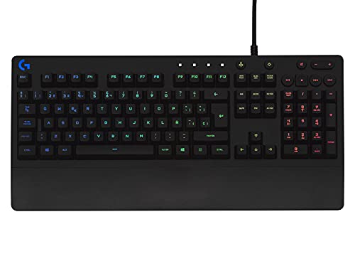 Clavier de jeu Logitech G213 Prodigy, RGB LIGHTSYNC, touches rétroéclairées, résistant aux éclaboussures, touches personnalisables, commandes multimédias dédiées, disposition QWERTY ES - Noir