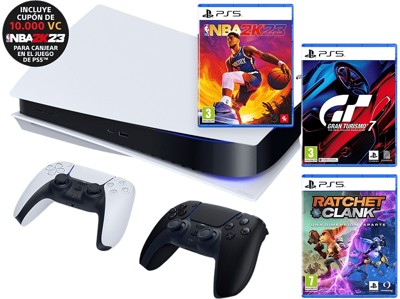 Console - Sony PS5 Stand B, 825 Go, Blanc + 2 Manettes DualSense™ + NBA 2K23 + Gran Turismo 7 + Ratchet & Clank + Carte 10 000 VC pour NBA 2K23